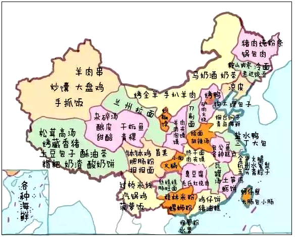 如图为某同学绘制的中国美食分布图,据此完成下面小题.