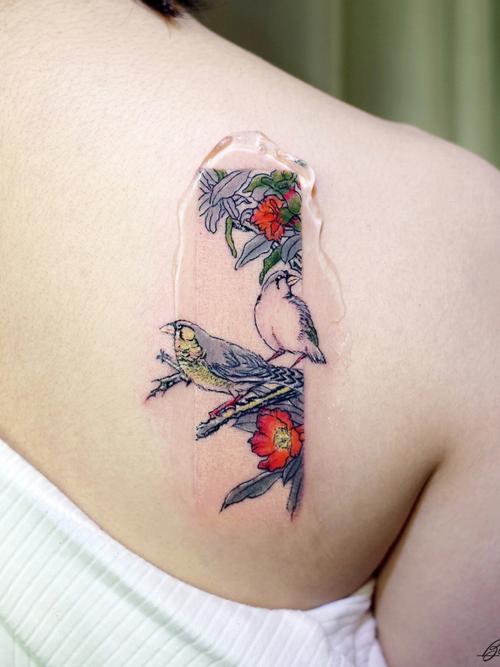 白布tattoo日本花鸟木版画北京纹身