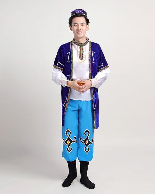 新疆舞蹈演出服维吾尔族少数民族哈萨克族特色服饰男装宝蓝l