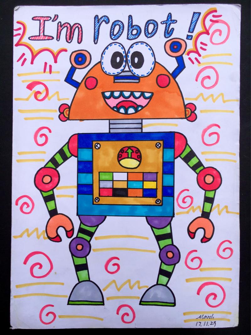 【hello机器人0615】马克笔手绘儿童画卡通画 今天终于把本子上撕