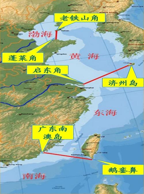 黄海与东海分界线:长江口北岸的启东角与韩国济州岛西