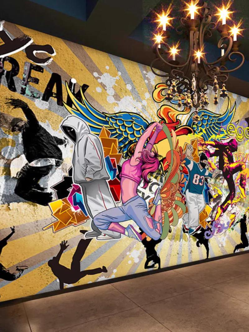 手绘街头涂鸦3d背景墙纸抽象个性潮牌健身房壁画舞蹈嘻哈街舞壁 - 抖