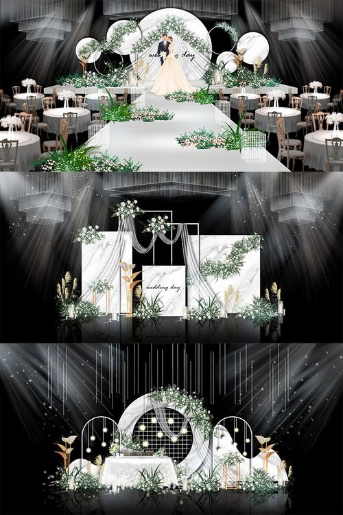 浪漫森系白色大理石婚礼舞台签到区迎宾区psd效果图模板设计素材