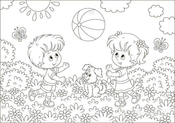 插画 在一个夏季公园里,孩子们在操场上玩一个大条纹球,用卡通风格的