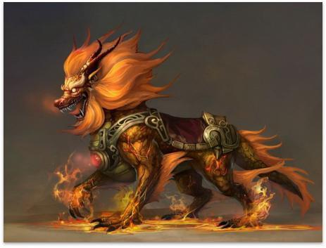 火麒麟,传说中一种神兽,浑身充满火焰,极度凶残,天生大力,可御空飞行.
