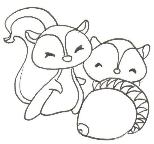 卡通画三只松鼠的简笔画绘画步骤二②然后画出它的头,身子和长长的