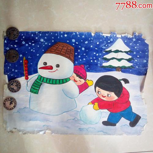 80年代名家水彩画绘画原稿-小朋友在雪地里滚雪球堆雪人