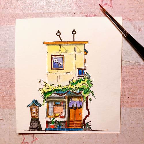 文化特色与风情的小房子手绘插画图片画师手绘日式风情水彩小房子图片