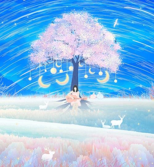 夜晚的星空下流星划过草地上有一棵挂着月亮装饰品的樱花树插画图片