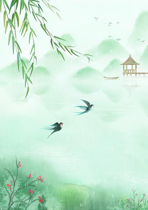 手绘中国风小清新水彩风格山水风景插画