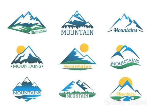 山的标志集.山山顶风景用雪盖标志矢量图