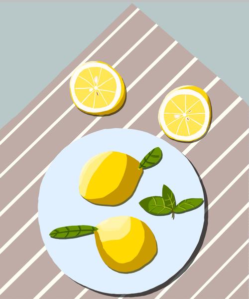 柠檬生活情调绿叶西餐桌格子桌布手绘插画