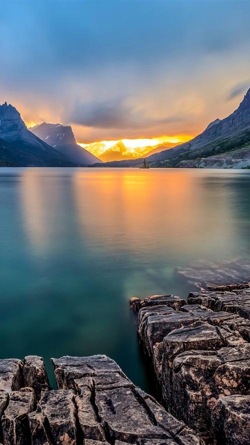 圣玛丽湖,冰川国家公园,蒙大拿州,美国,日落,山