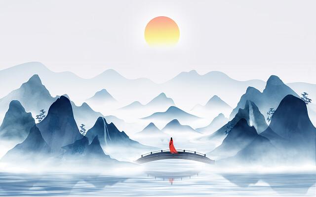 中国风古风古墨唯美风景插画手绘背景设计