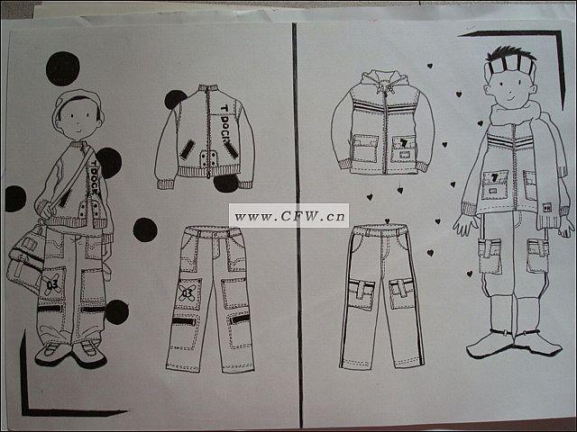 儿童套装设计手稿图-亲子装款式效果图-cfw服装设计