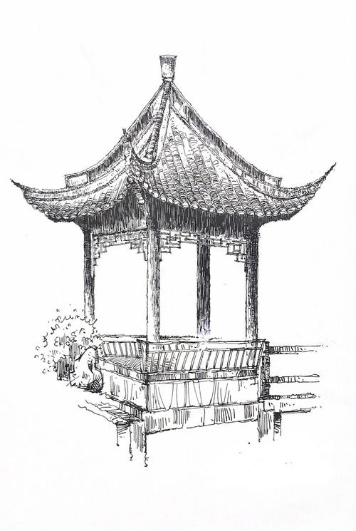 钢笔速写手绘 中国风古建筑 亭子 古风插画