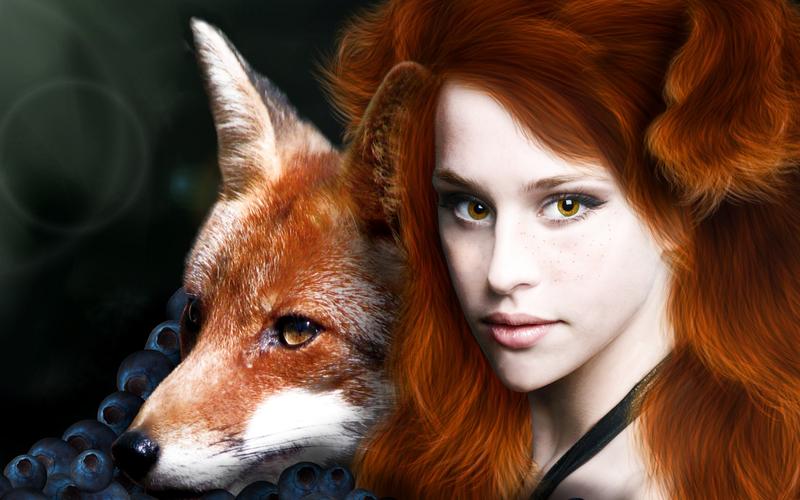 红头发的幻想的女孩与动物狐狸 壁纸 - 2560x1600