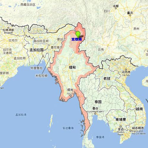 缅甸克钦邦位置示意图,遭缅甸取消的密松电站项目即位于该邦内.