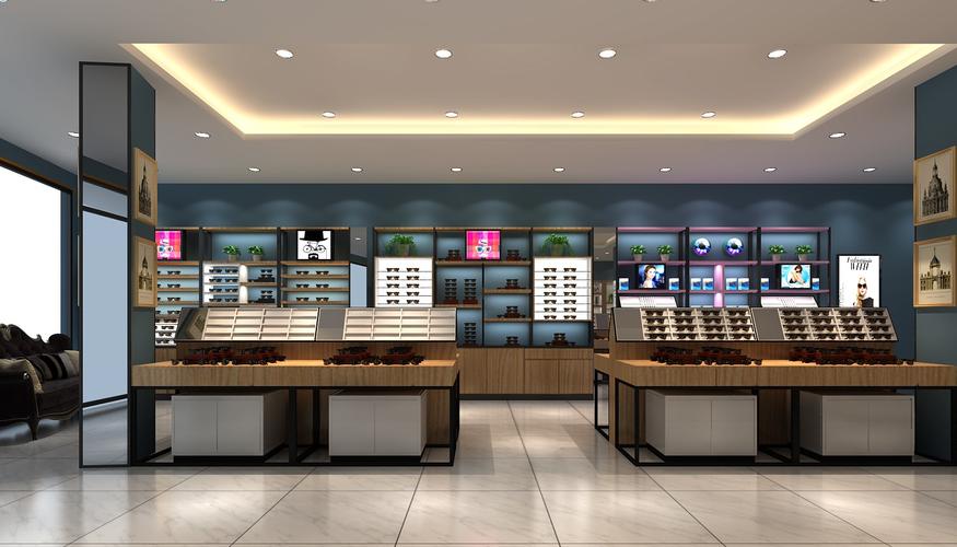 柜台前侧左右两角多安装冷光射灯和led灯做为补充光源,以提高眼镜产品