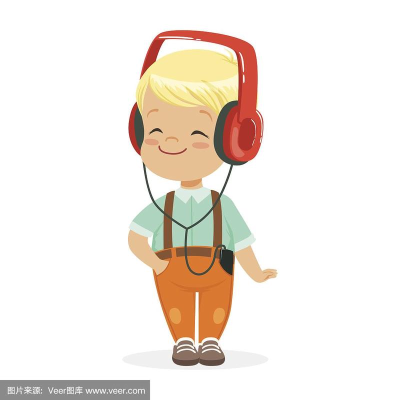微笑的小男孩戴着耳机听音乐,彩色卡通人物矢量插画