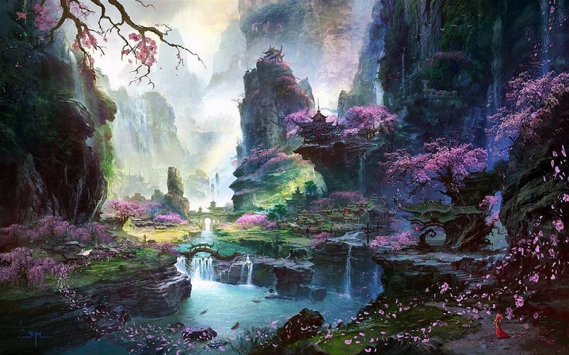 梦幻般的世界绘画,东方春天的风景 壁纸 - 1280x800