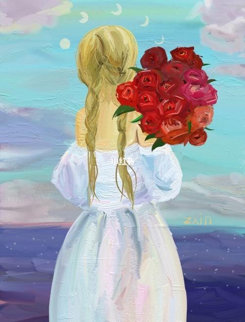 artset油画玫瑰与少女