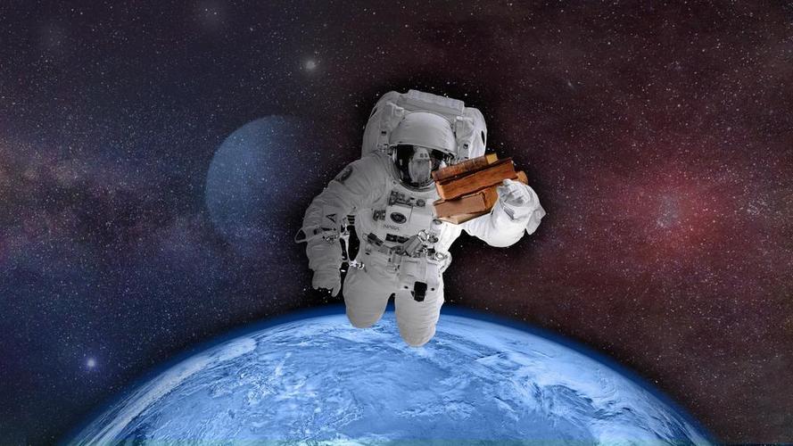 彩色航空经典宇航员拿着东西飞离地球宇航太空科研背景图片