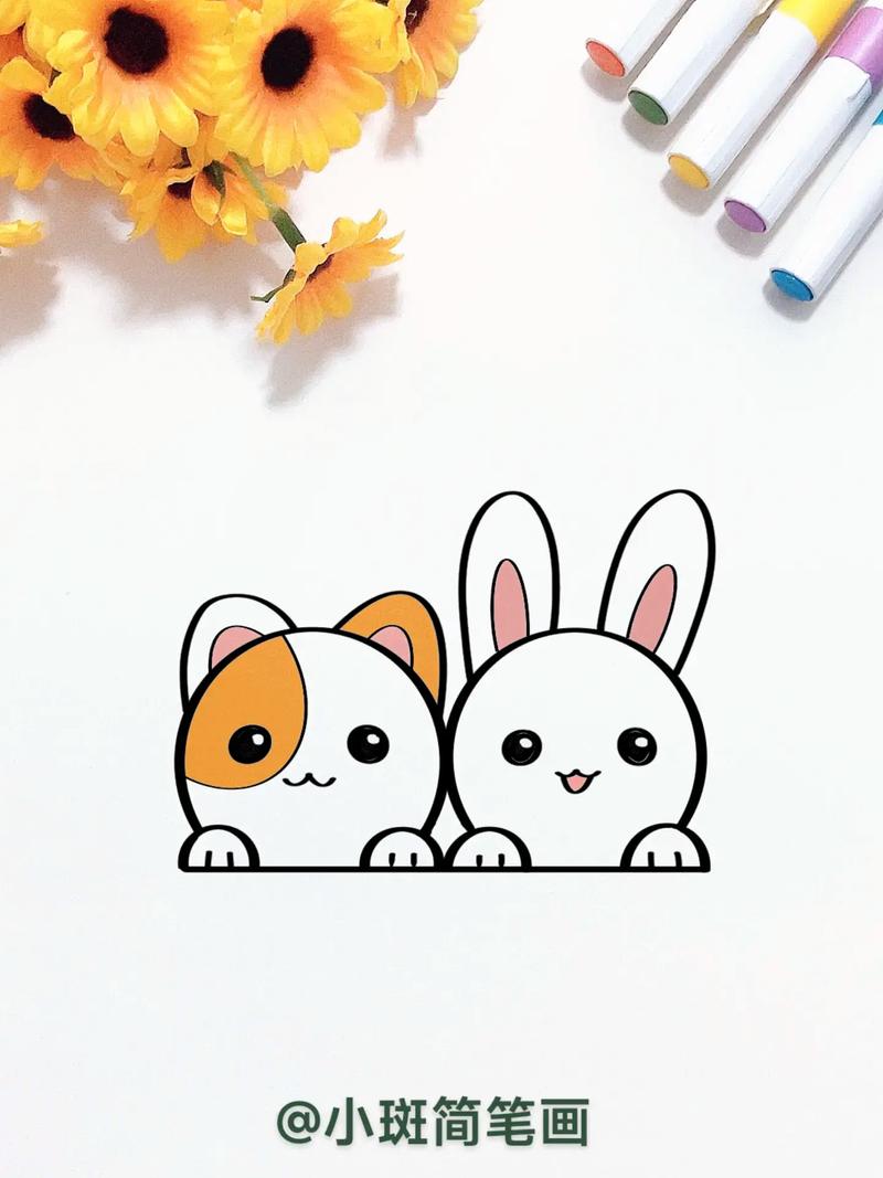 小动物简笔画:小花猫和小白兔#小白兔简笔 - 抖音