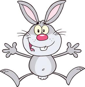跳跃的牙齿快乐的灰兔子卡通人物跳跃照片