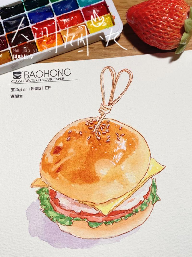 水彩美食|手绘水彩好吃的汉堡包绘画分享