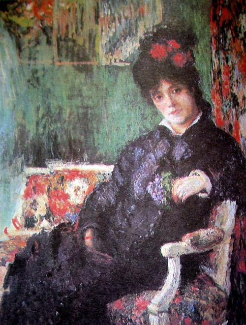 《捧紫罗兰的卡米尔》18778, 《红围巾:莫奈夫人画像》据说是莫奈用十