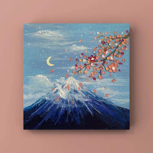 迷你小油画棒画手绘成品装饰画浪漫富士山ins小众文艺风景富士山的