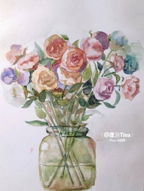 水彩画一瓶花朵