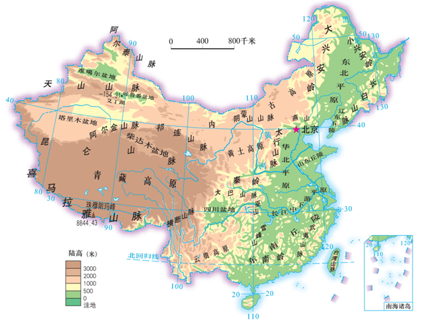 c是四川盆地,d是长江中下游平原;(2)	中国地势西高东低,大致呈阶梯状