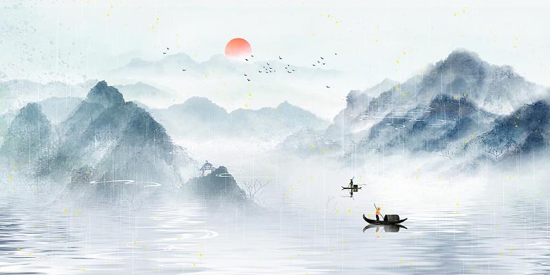 中国风意境水墨山水风景原创插画海报古代人物诗人诗句碧莲重叠在青冥