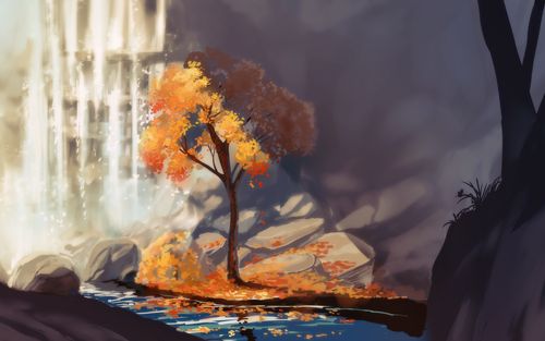 壁纸 水彩画,树木,瀑布,秋天