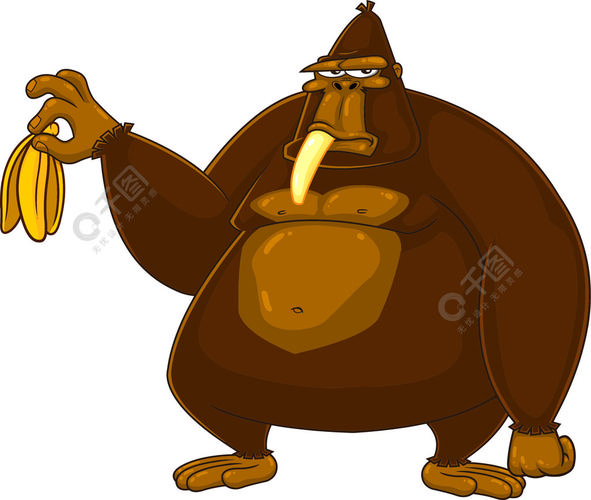 脾气暴躁的大猩猩卡通人物拿着一根香蕉在白色背景上隔离的矢量图