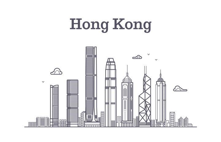 灰色线条风格香港标志城市建筑天际线图片免抠矢量图素材