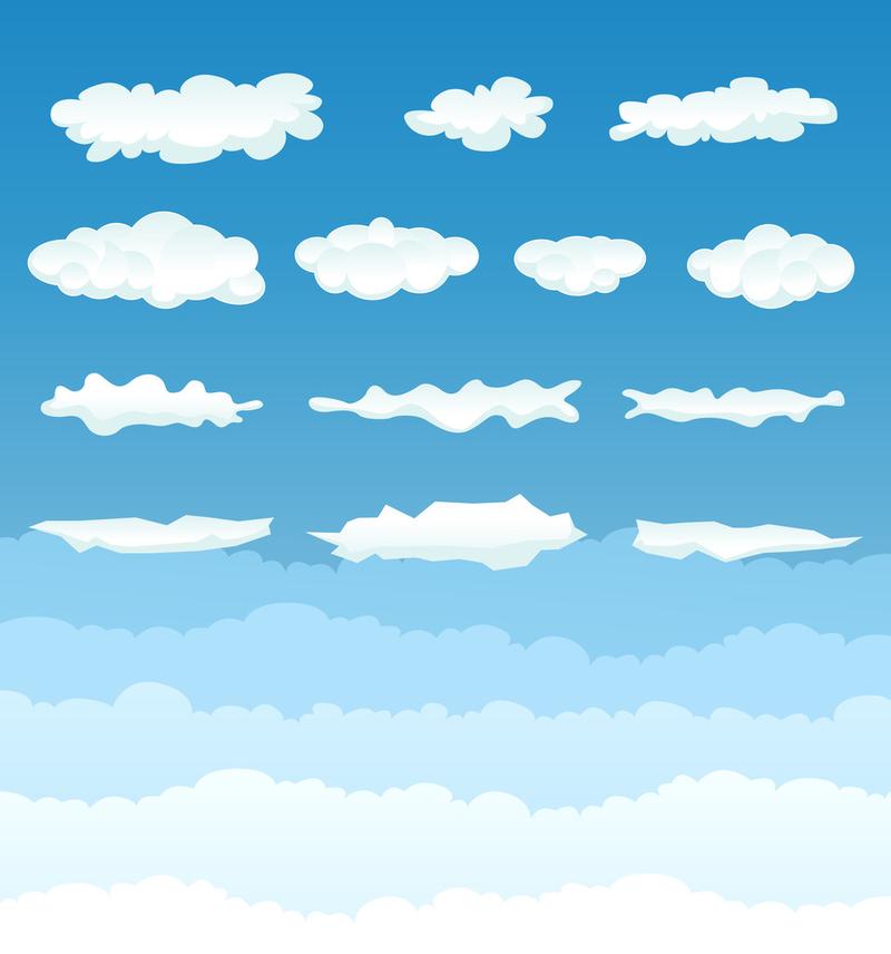 云集合,一套各种卡通云彩和种蓝蓝的天空渐变背景上的插图