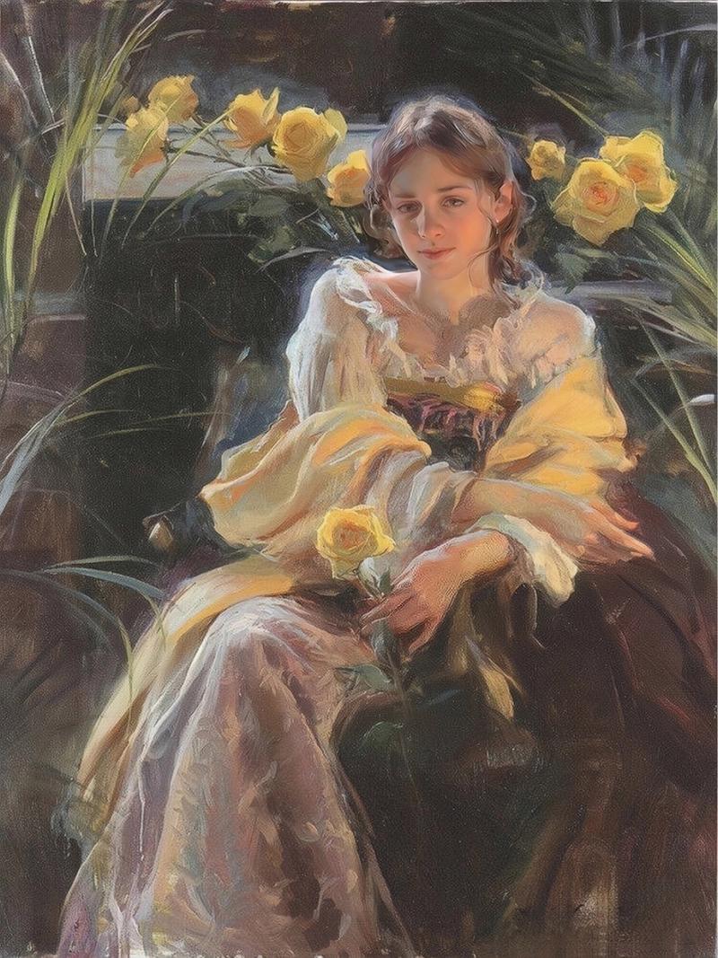 花丛中的女孩 美国艺术家丹尼尔夫捷哈兹作品#艺术# #世界名画欣赏