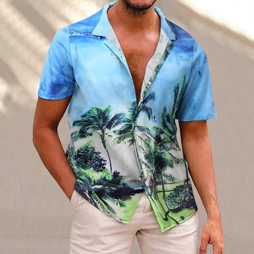 2022跨境欧美大码男装 夏威夷衬衫风格印花 夏季休闲宽松短袖衬衫