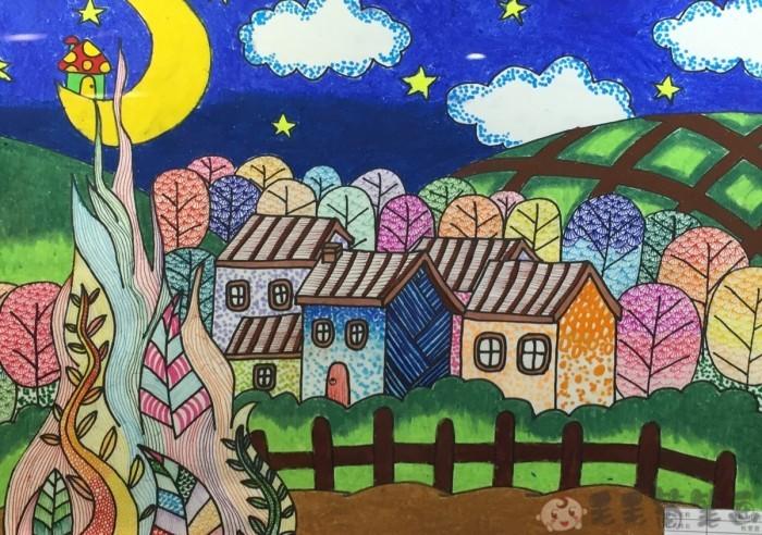 儿童夜景画,夜晚的城市儿童画 - 毛毛简笔画