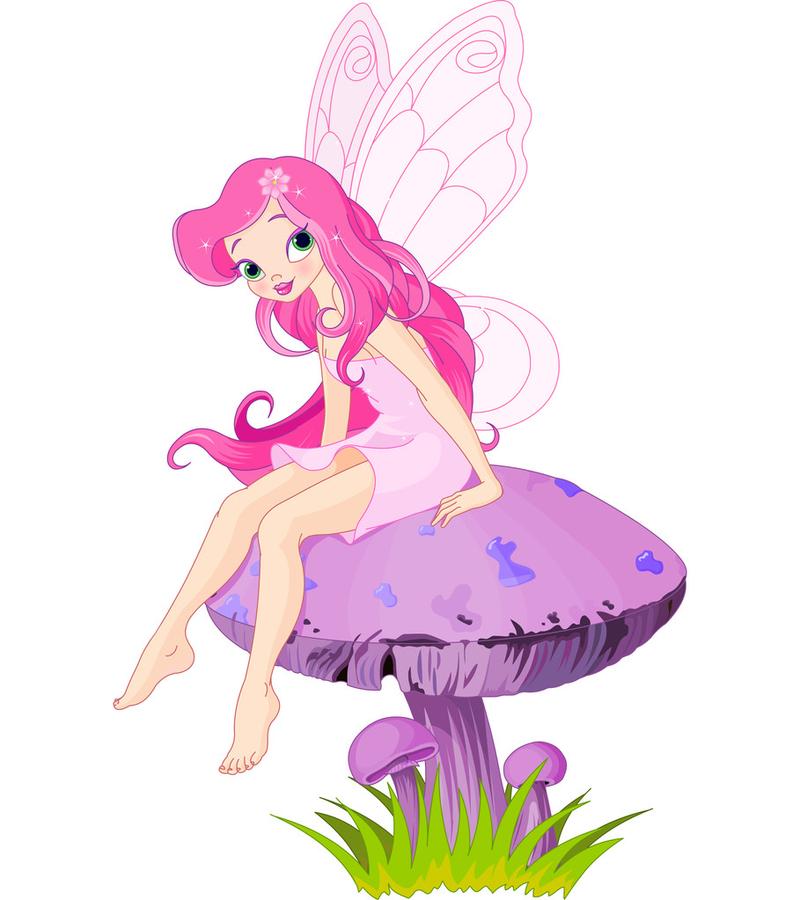 在蘑菇上的童话,粉红仙女小精灵坐在蘑菇上