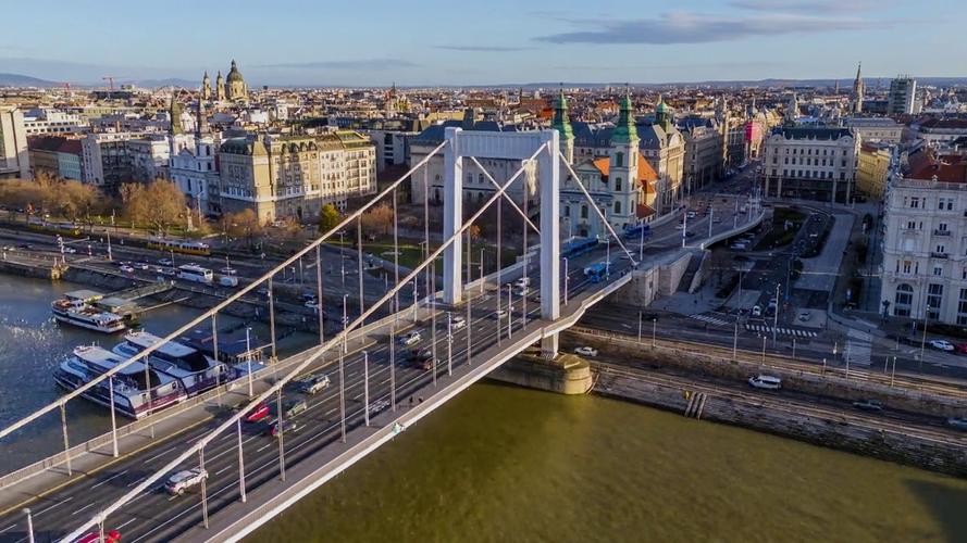 空中无人机超延时镜头伊丽莎白桥和布达佩斯城市景观在晴朗的一天在