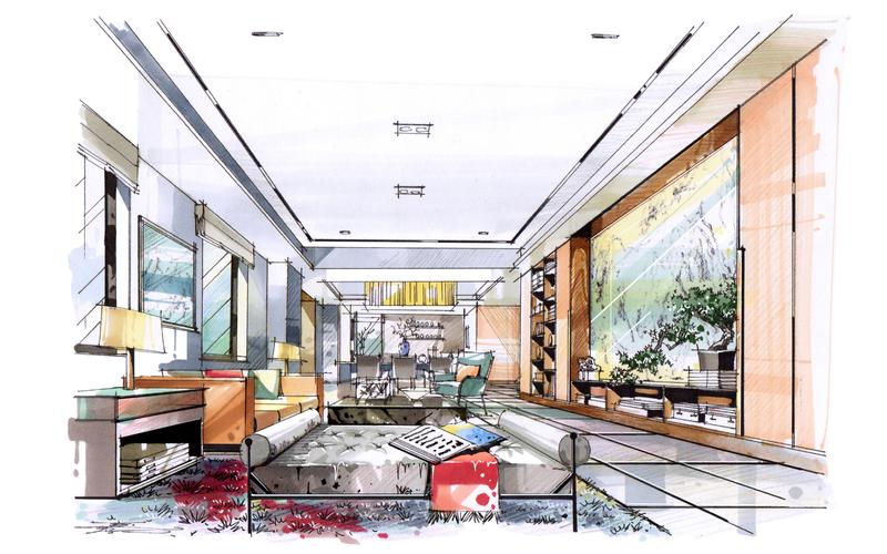 室内设计考研马克笔上色手绘教学视频新中式客厅合一设计教育郑嘉文