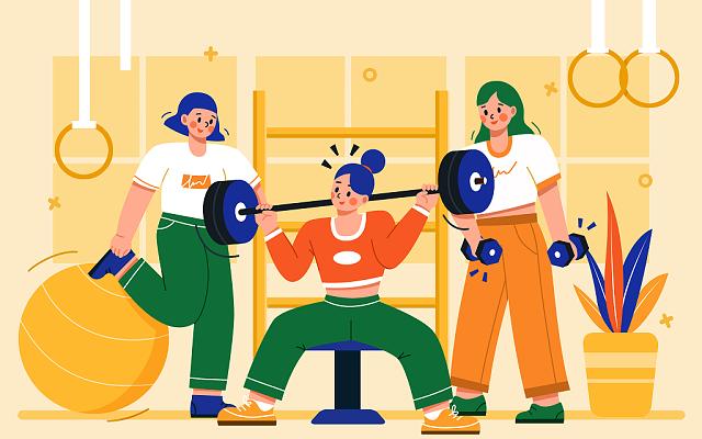 健身插画橙色系健身器材瑜伽举重人物组合扁平插画