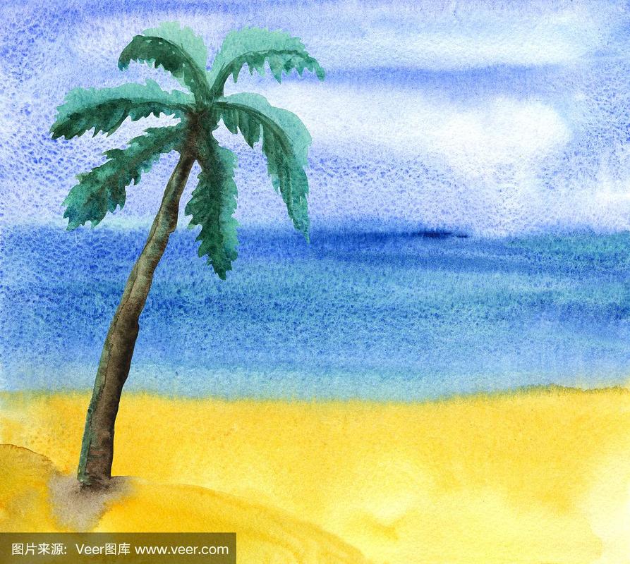 水彩画夏天,海滩,大海,天空,沙子,棕榈树