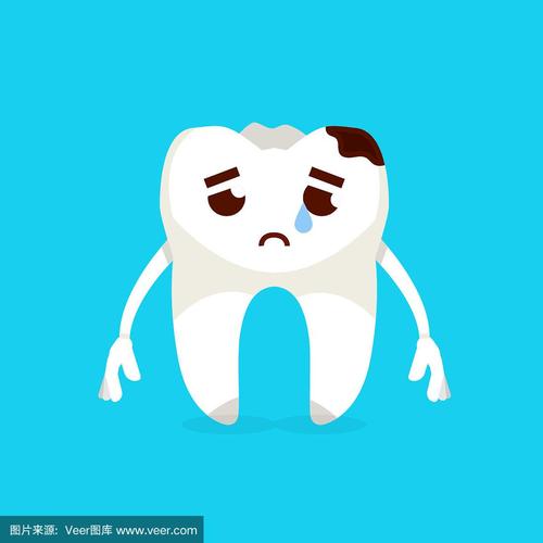 悲伤的牙齿卡通人物.龋齿预防的概念.矢量插图.