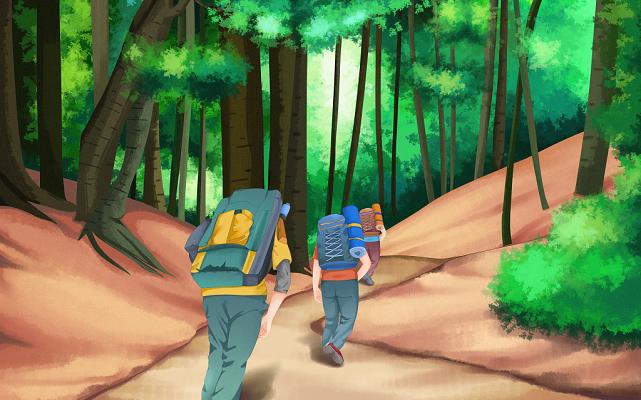 卡通登山的人旅游日人物森林背景插画