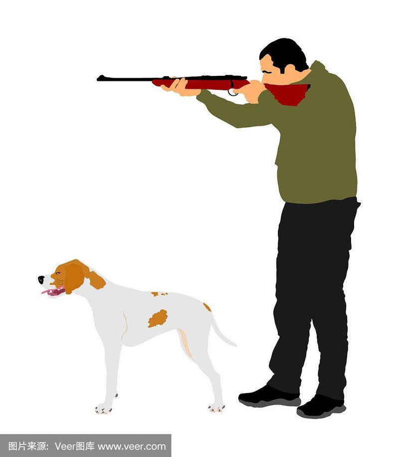 猎人带着狗用步枪瞄准狩猎